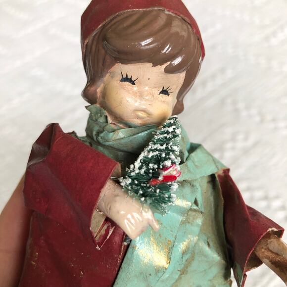 Vintage 1960s Paper Mache Caroler Girl Ornament w Bell & Bottle Brush Tree - Picture 7 of 9